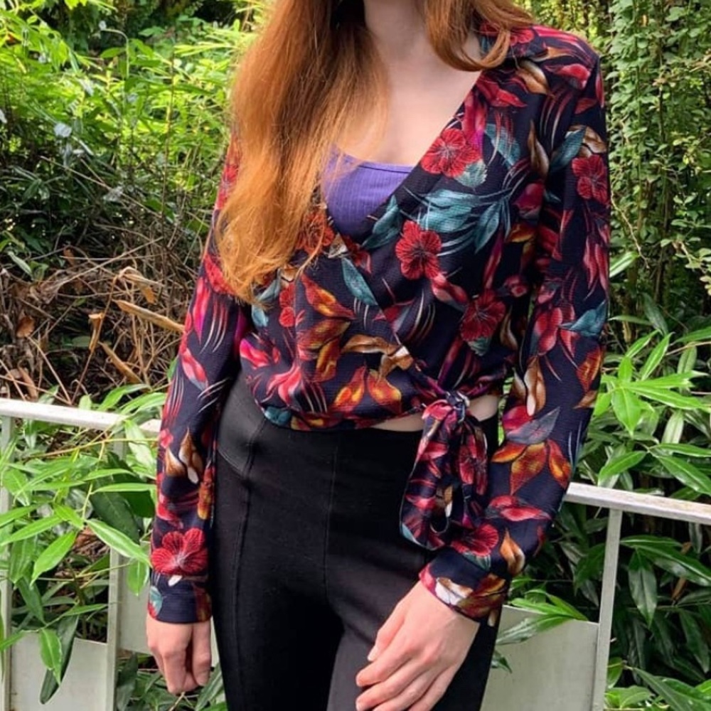 Hibiscus long sleeved tie front blouse